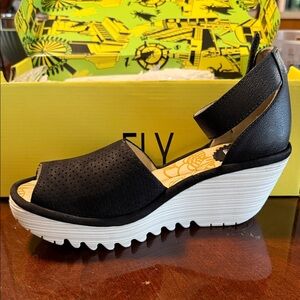 Fly London Black and White Wedge Sandals